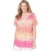 Woman Within Plus Size Short-Sleeve V-Neck Shirred Tee(Raspberry Sorbet Ombre Butterfly)