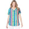 Woman Within Plus Size Short-Sleeve V-Neck Shirred Tee(White Multi Watercolor Stripe)