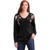 Woman Within Plus Size Waffle Thermal V-Neck Tee(Black Flower Embroidery)