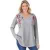 Woman Within Plus Size Waffle Thermal V-Neck Tee(Heather Grey Flower Embroidery)