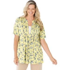 Woman Within Plus Size 7-Day Layer-Look Elbow-Sleeve Tee(Banana Ditsy Bouquet)