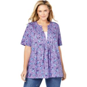 Woman Within Plus Size 7-Day Layer-Look Elbow-Sleeve Tee(Soft Iris Ditsy Bouquet)