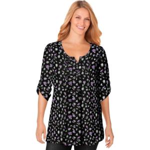 Woman Within Plus Size 7-Day Three-Quarter Sleeve Pintucked Henley Tunic(Black Soft Iris Pretty Bouquet)