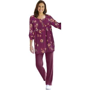 Woman Within Plus Size 7-Day Three-Quarter Sleeve Pintucked Henley Tunic(Deep Claret Magnolia)