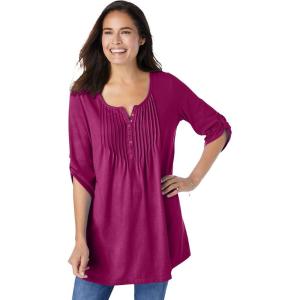 Woman Within Plus Size 7-Day Three-Quarter Sleeve Pintucked Henley Tunic(Raspberry)