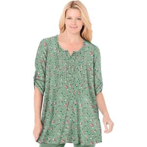 Woman Within Plus Size 7-Day Three-Quarter Sleeve Pintucked Henley Tunic(Sage Pretty Bouquet)