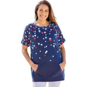 Woman Within Plus Size Americana Kangaroo Pocket Tee(Navy Falling Star)