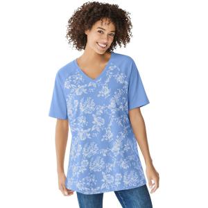 Woman Within Plus Size Elbow Sleeve V-Neck Baseball Tee(French Blue Rosette)