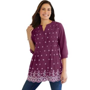 Woman Within Plus Size Embroidered Pintuck Tunic(Deep Claret Eyelet Embroidery)