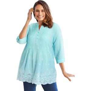 Woman Within Plus Size Embroidered Pintuck Tunic(Island Aqua Eyelet Embroidery)