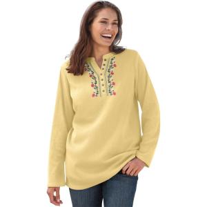 Woman Within Plus Size Embroidered Thermal Henley Tee(Banana Vine Embroidery)