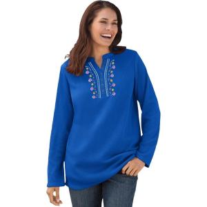 Woman Within Plus Size Embroidered Thermal Henley Tee(Bright Cobalt Vine Embroidery)