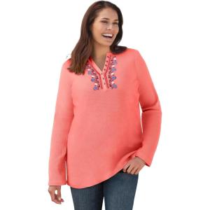 Woman Within Plus Size Embroidered Thermal Henley Tee(Sweet Coral Vine Embroidery)