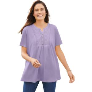 Woman Within Plus Size Eyelet Henley Tee(Pale Lilac)