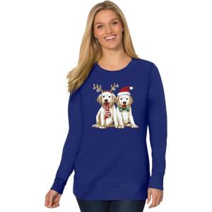 Woman Within Plus Size Fleece Holiday Sweatshirt(Evening Blue Festive Dogs)