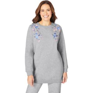 Woman Within Plus Size Fleece Sweatshirt(Heather Grey Floral Vine Embroidery)