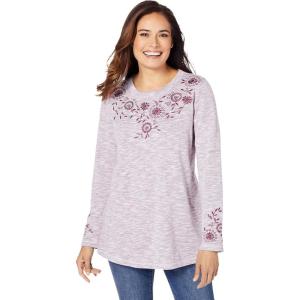 Woman Within Plus Size Floral Embroidered Sweatshirt Tee(Deep Claret Marled Embroidery)