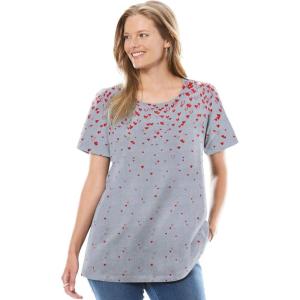 Woman Within Plus Size Graphic Tee(Heather Grey Falling Hearts)