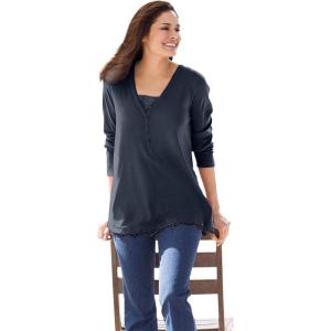 Woman Within Plus Size Layered-Look Lace Trim Tee(Navy)