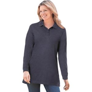 Woman Within Plus Size Long-Sleeve Polo Shirt(Heather Navy)