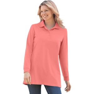 Woman Within Plus Size Long-Sleeve Polo Shirt(Sweet Coral)