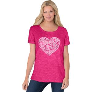 Woman Within Plus Size Marled Cuffed-Sleeve Tee(Raspberry Sorbet Heart Placement)