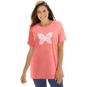 Woman Within Plus Size Marled Cuffed-Sleeve Tee(Sweet Coral Butterfly)