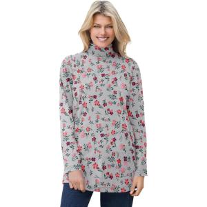 Woman Within Plus Size Mockneck Long-Sleeve Tunic(Heather Grey Red Pretty Floral)