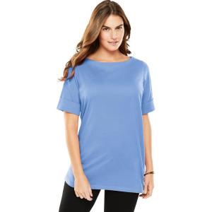 Woman Within Plus Size Perfect Cuffed Elbow-Sleeve Boat-Neck Tee(French Blue)