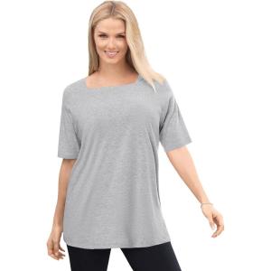Woman Within Plus Size Perfect Elbow-Sleeve Square-Neck Tee(Heather Grey)