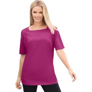 Woman Within Plus Size Perfect Elbow-Sleeve Square-Neck Tee(Raspberry)