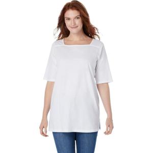 Woman Within Plus Size Perfect Elbow-Sleeve Square-Neck Tee(White)