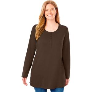 Woman Within Plus Size Perfect Long-Sleeve Henley Tee(Chocolate)