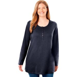 Woman Within Plus Size Perfect Long-Sleeve Henley Tee(Navy)
