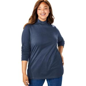 Woman Within Plus Size Perfect Long-Sleeve Mockneck Tee (Petite Available)(Navy)