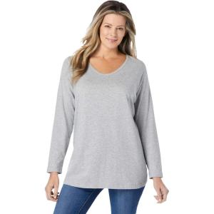 Woman Within Plus Size Perfect Long-Sleeve V-Neck Tee(Heather Grey)