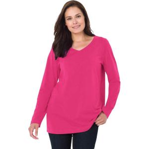 Woman Within Plus Size Perfect Long-Sleeve V-Neck Tee(Raspberry Sorbet)