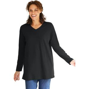 Woman Within Plus Size Perfect Long-Sleeve V-Neck Tunic(Black)