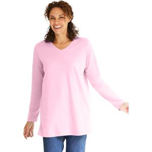 Woman Within Plus Size Perfect Long-Sleeve V-Neck Tunic(Pink)