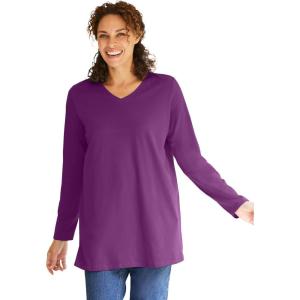 Woman Within Plus Size Perfect Long-Sleeve V-Neck Tunic(Plum Purple)