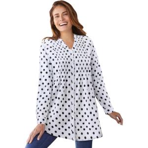 Woman Within Plus Size Perfect Pintuck Tunic(White Black Dot)