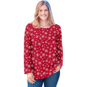 Woman Within Plus Size Perfect Printed Long-Sleeve Crewneck Tee(Classic Red Snowflakes)