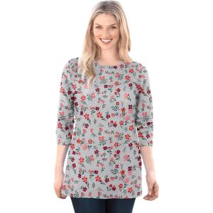 Woman Within Plus Size Perfect Printed Long-Sleeve Crewneck Tee(Heather Grey Red Pretty Floral)