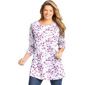 Woman Within Plus Size Perfect Printed Long-Sleeve Crewneck Tunic(Bright Berry Confetti Heart)