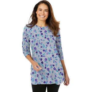 Woman Within Plus Size Perfect Printed Long-Sleeve Crewneck Tunic(Heather Grey Pretty Floral)