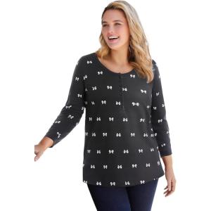 Woman Within Plus Size Perfect Printed Long-Sleeve Henley Tee(Black Sweet Bows)