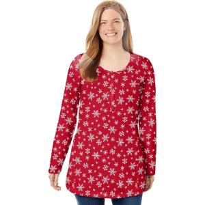 Woman Within Plus Size Perfect Printed Long-Sleeve Henley Tee(Classic Red Snowflakes)