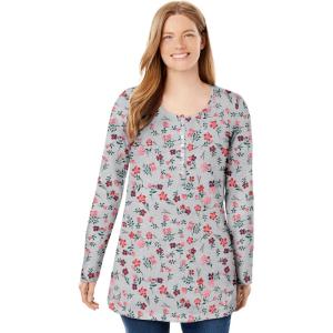 Woman Within Plus Size Perfect Printed Long-Sleeve Henley Tee(Heather Grey Red Pretty Floral)