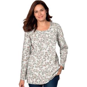 Woman Within Plus Size Perfect Printed Long-Sleeve Henley Tee(Ivory Leaf Print)