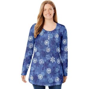 Woman Within Plus Size Perfect Printed Long-Sleeve Henley Tee(Royal Navy Textured Snowflake)